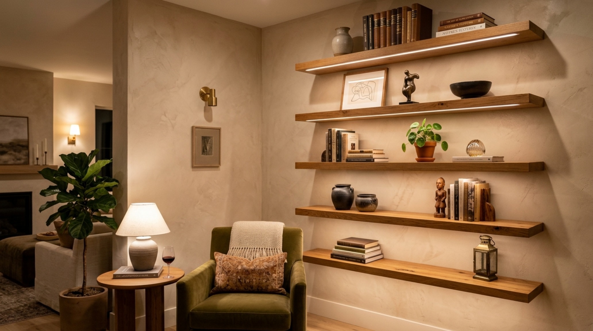 Integrated LED floating shelves casting a 2700K warm glow over a curated collection of art books and sculptural pottery in a modern lounge.