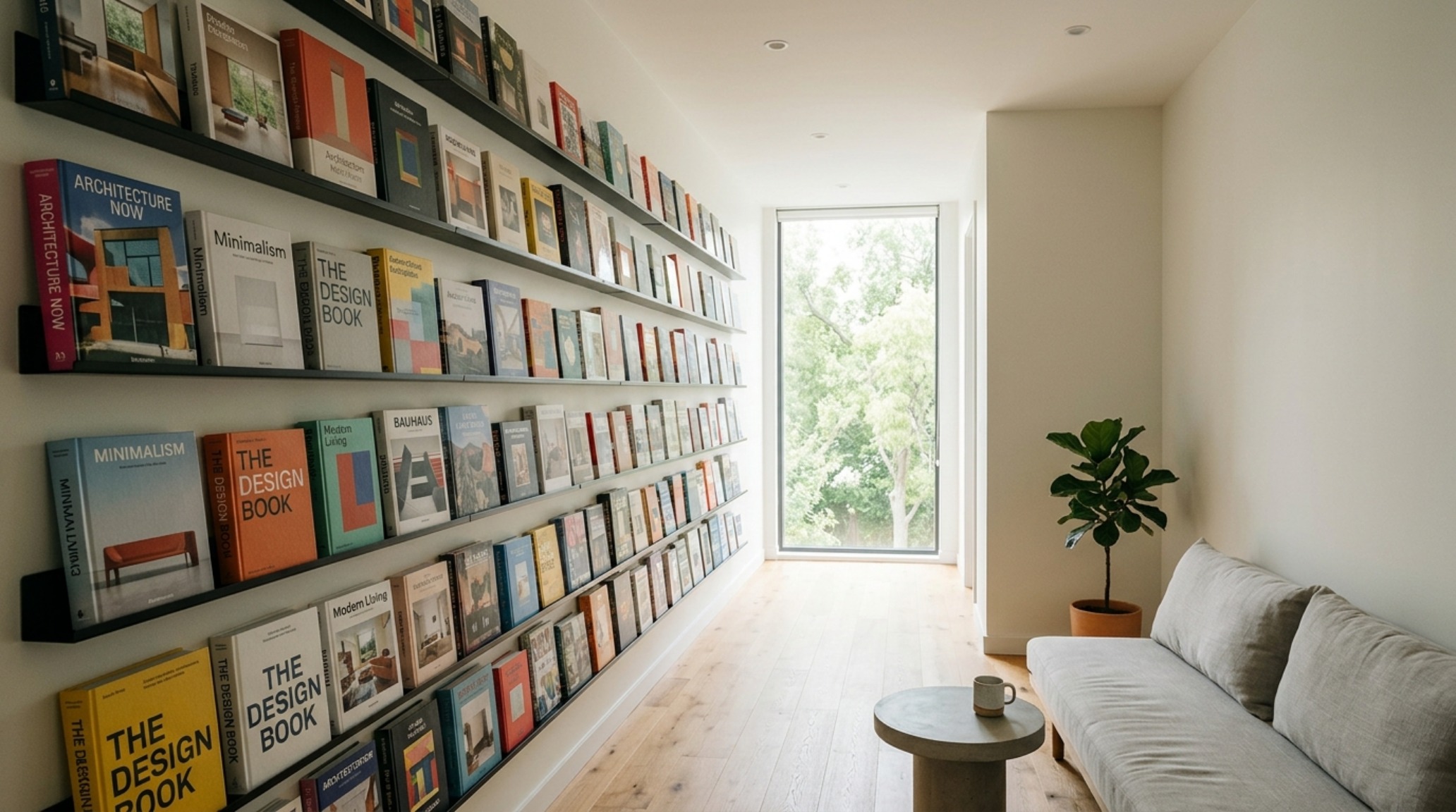 Slim profile face-out book ledges styled with vibrant covers to reduce visual bulk in a narrow living room hallway with high ceilings.