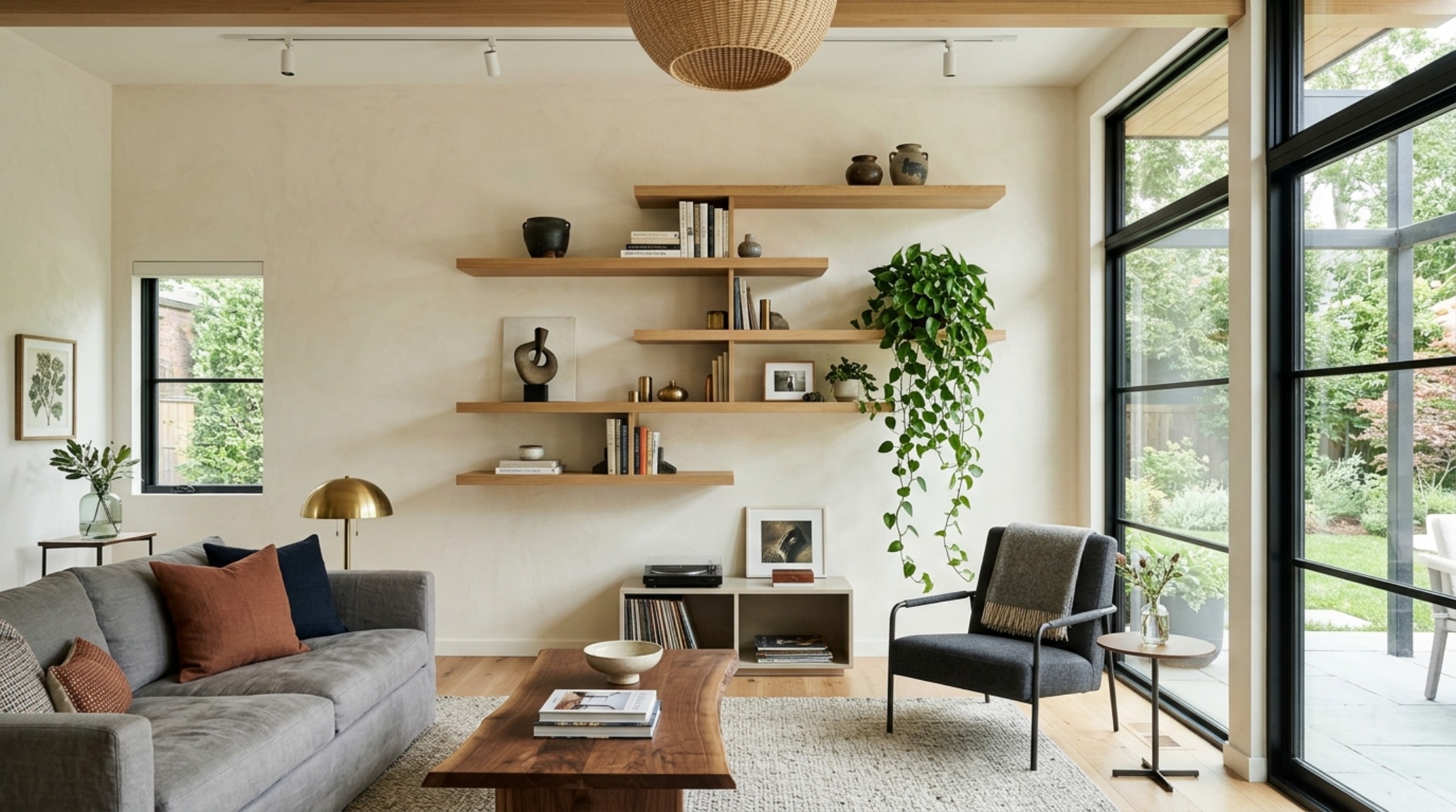 A sophisticated living room layout featuring asymmetrical shelving units that balance negative space and lush greenery for an organic modern look.