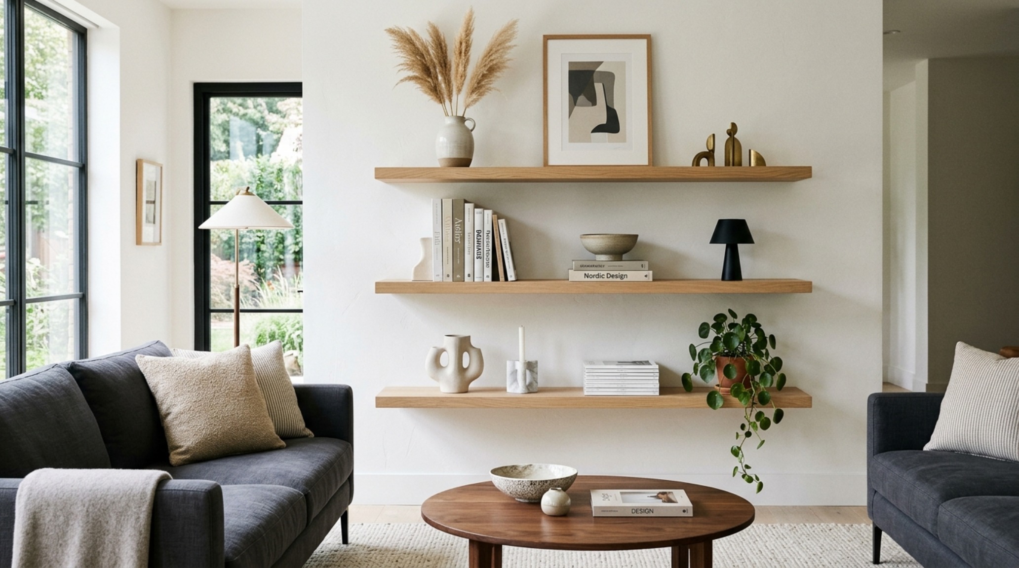 Professional editorial shoot of white oak floating shelves living room installation with 15-inch vertical spacing for optimal visual balance.