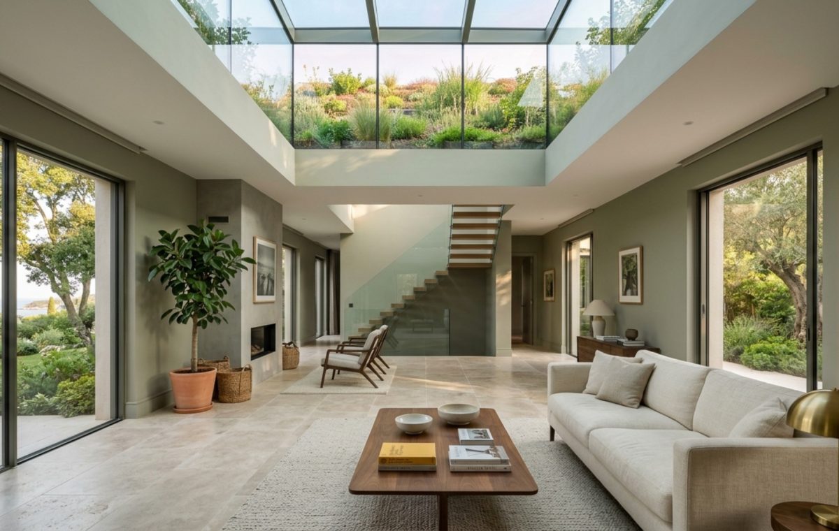 Modern villa living room with a vertical green axis featuring sage green walls and a view of the green roof through high clerestory windows.
