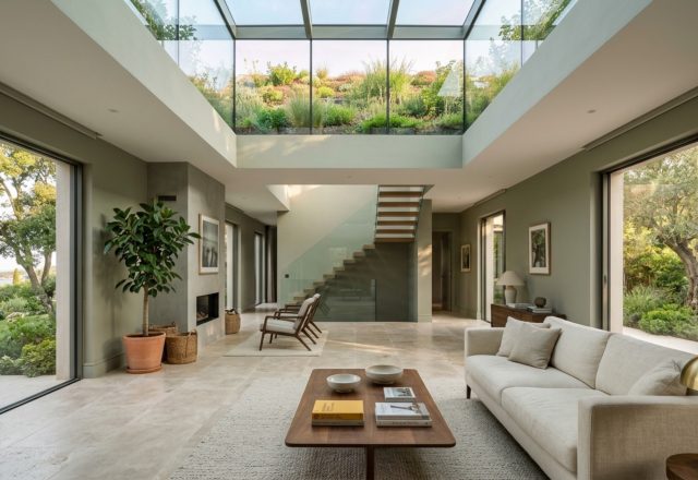 Modern villa living room with a vertical green axis featuring sage green walls and a view of the green roof through high clerestory windows.