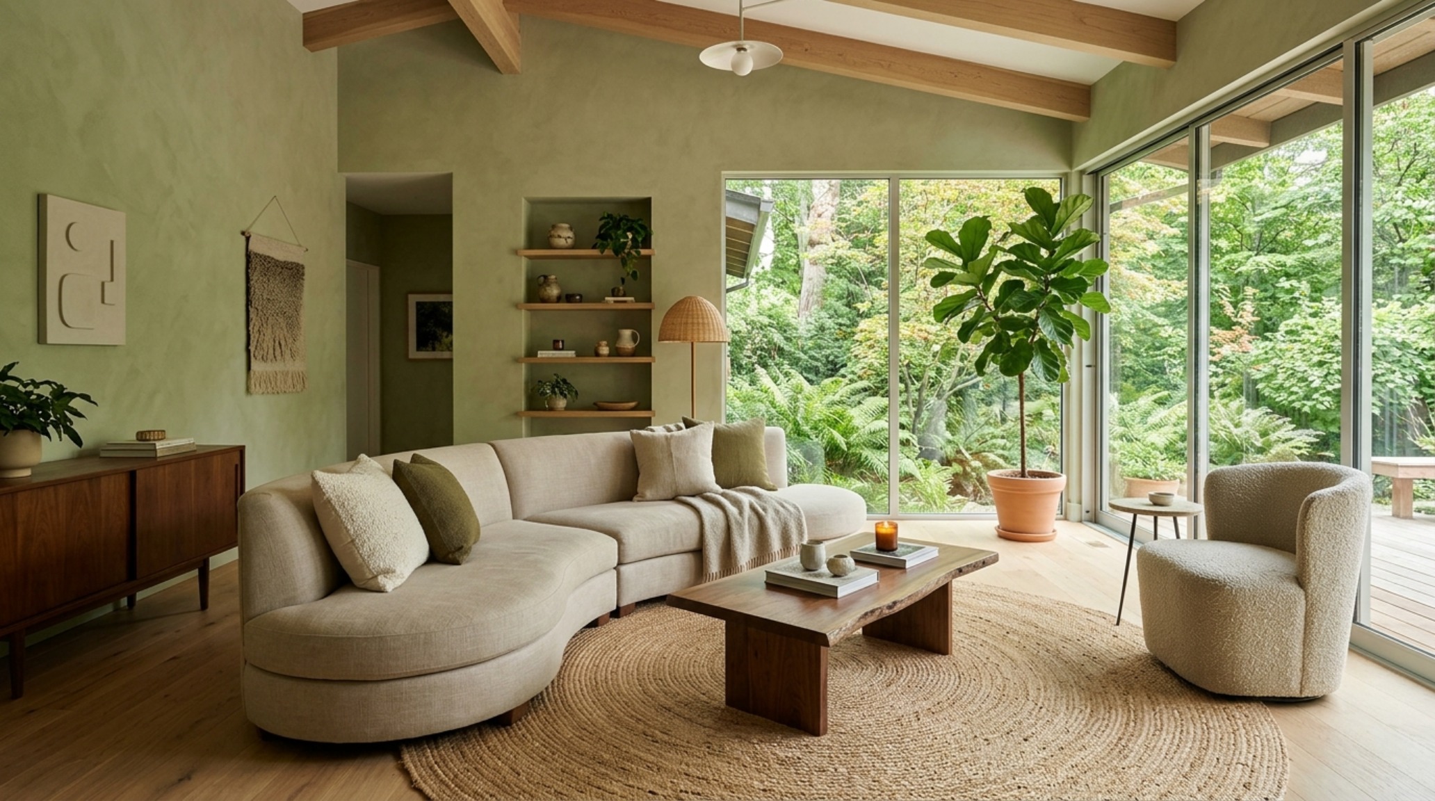 Organic modern living room interior showcasing sage green color-drenching with Farrow & Ball French Gray and a beige linen sofa.