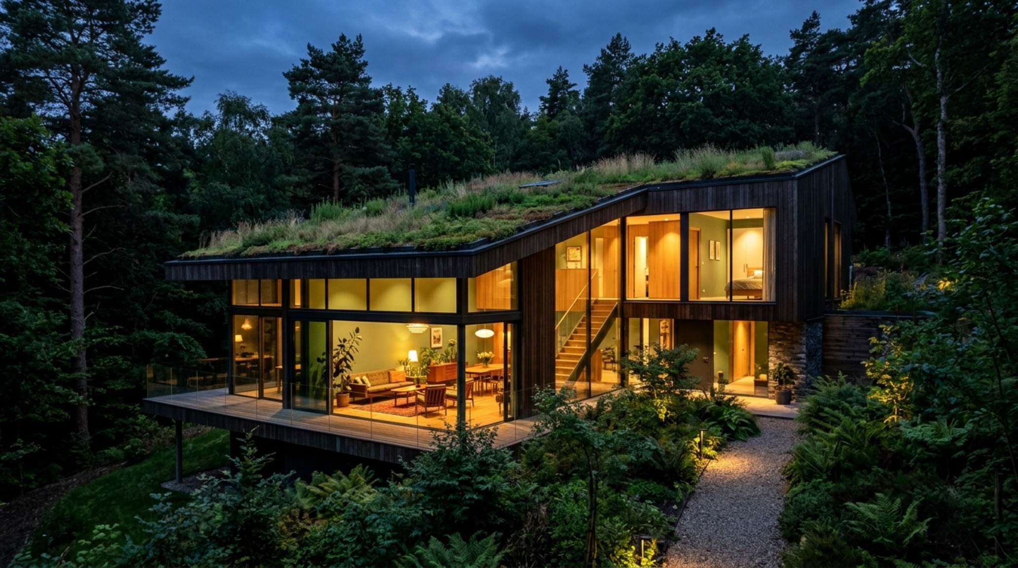 Twilight view of a modern villa with a glowing living roof and interior sage green lighting at 2700K warm ambient temperature.