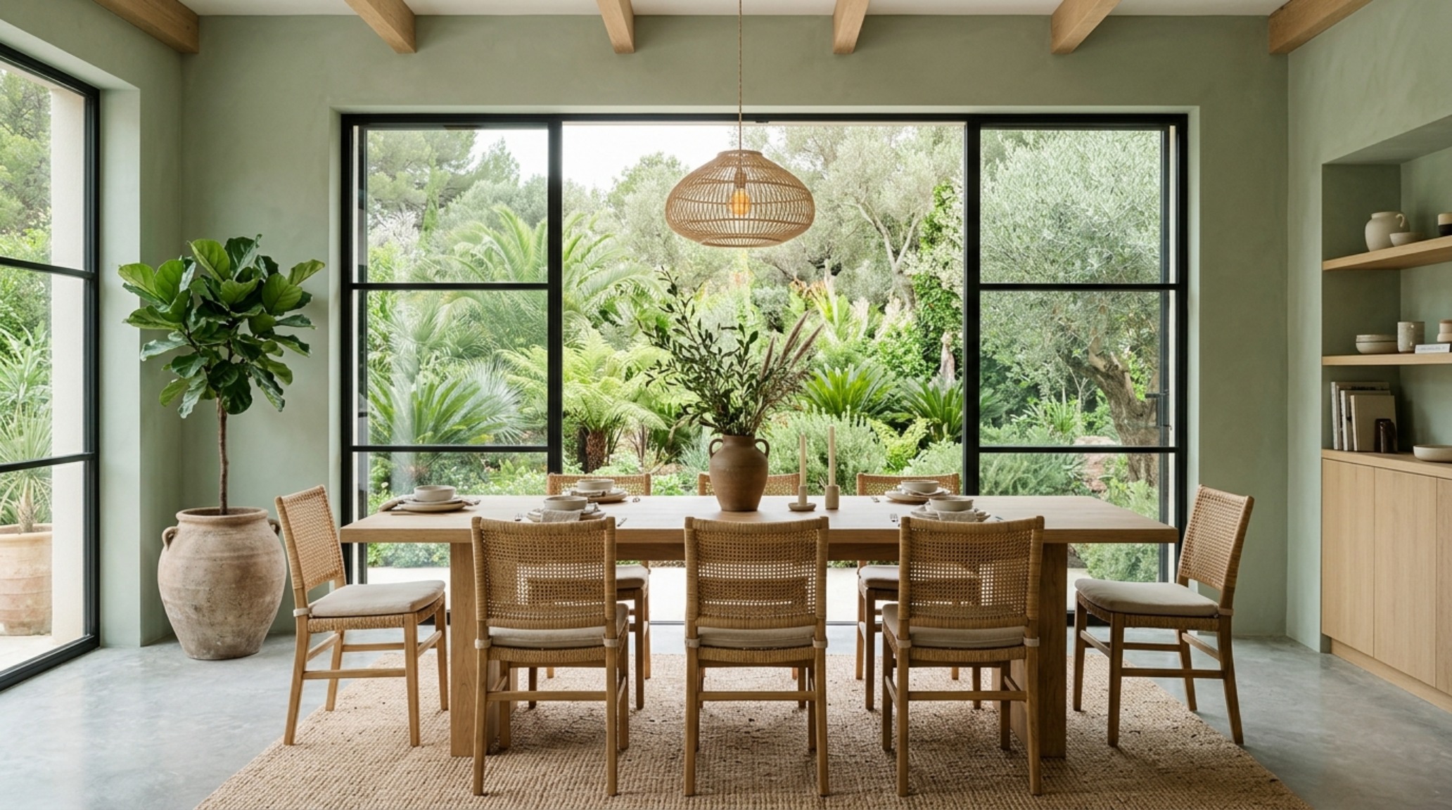 Architectural view of a sage green dining nook with 30-inch chair clearances and floor-to-ceiling glass looking out to a lush garden terrace.