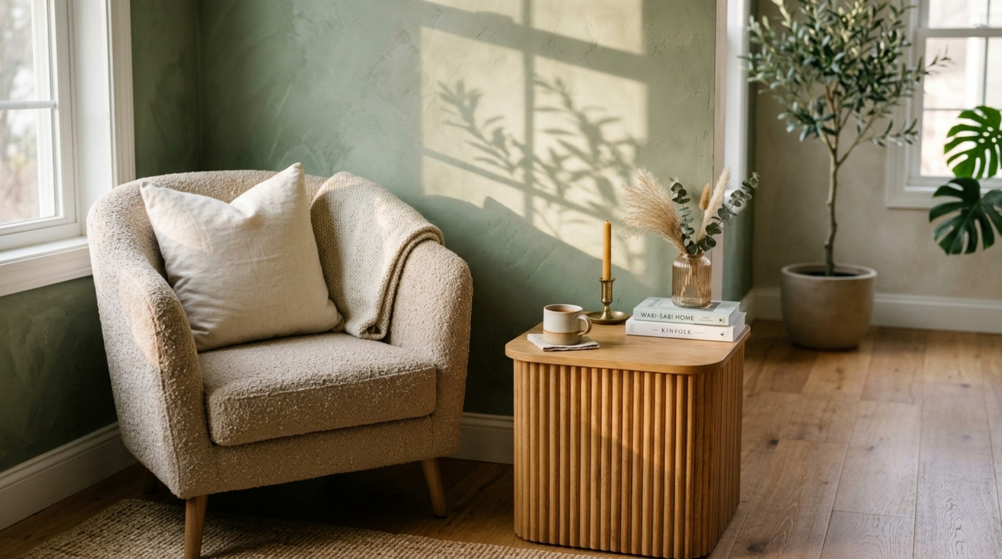 Detailed shot of a sage green accent wall with a beige sofa and organic modern styling, highlighting soft directional daylight and shadow play.