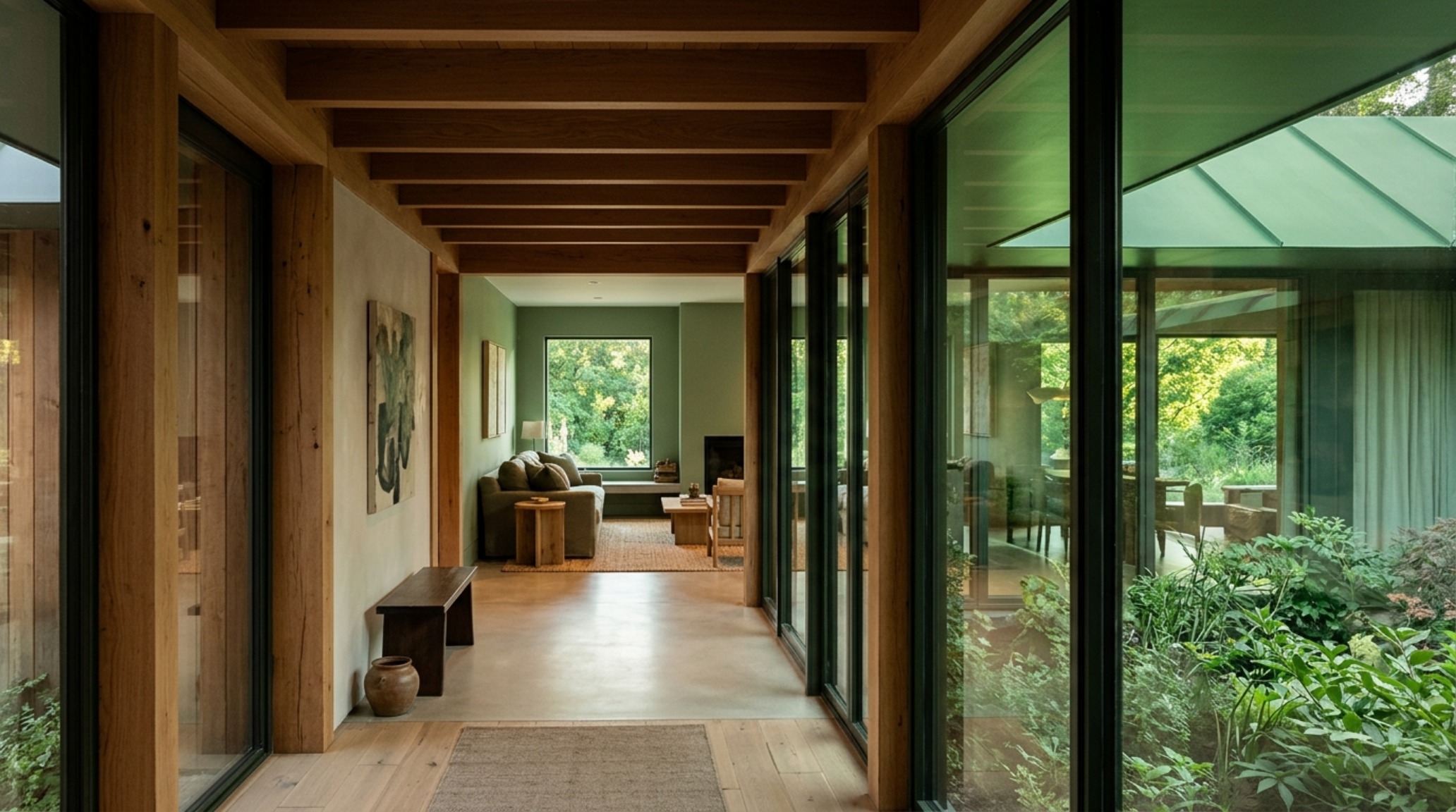 Low-slung minimalist coffee table with 18-inch reach in a sage green living room, featuring fluted wood details and natural stone textures.