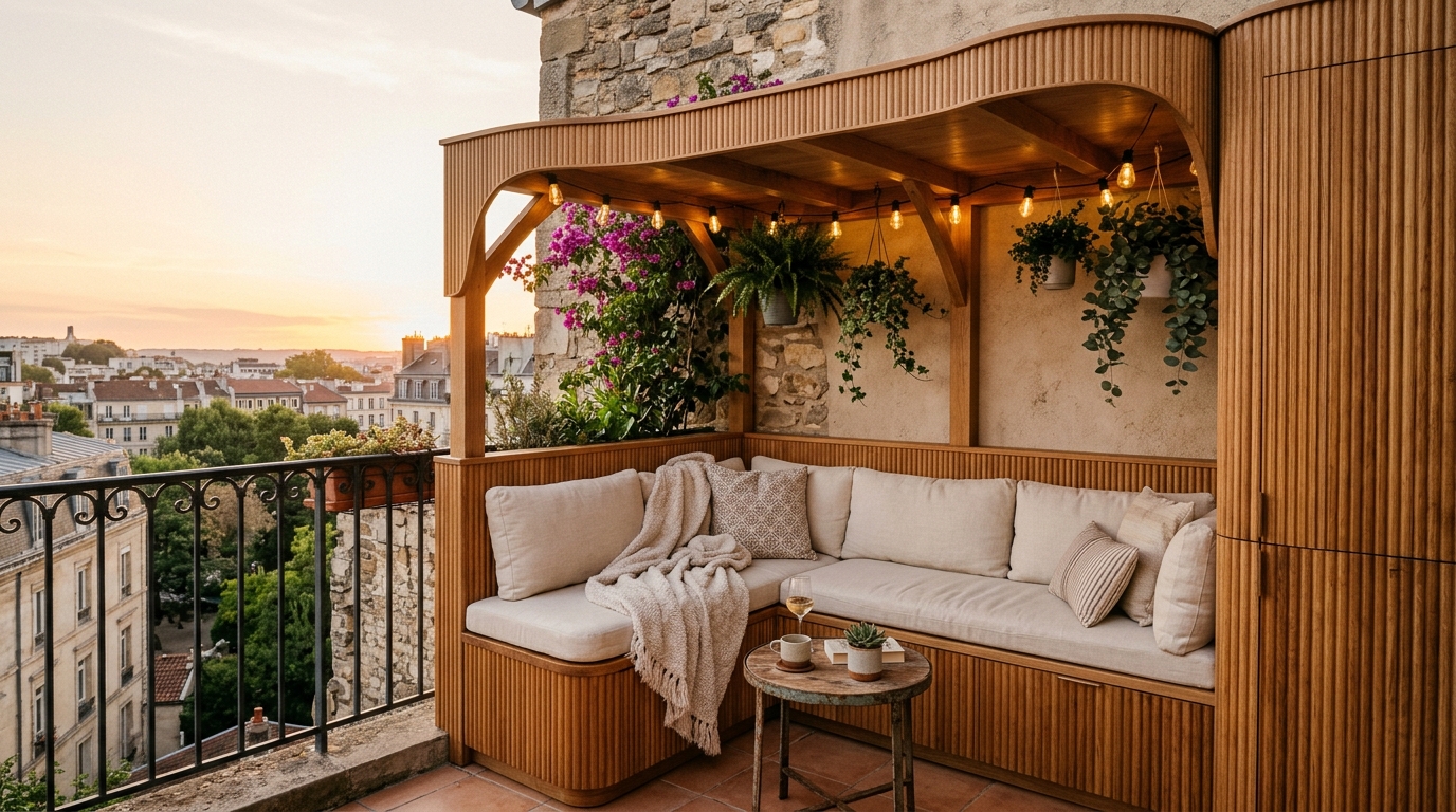 Small apartment balcony ideas featuring a built-in banquette seating area tucked under a slim-profile aluminum pergola.