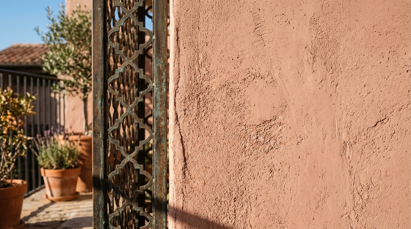 Raking sunlight hitting a limewash wall and a textured balcony privacy screen made of sustainable composite slats.