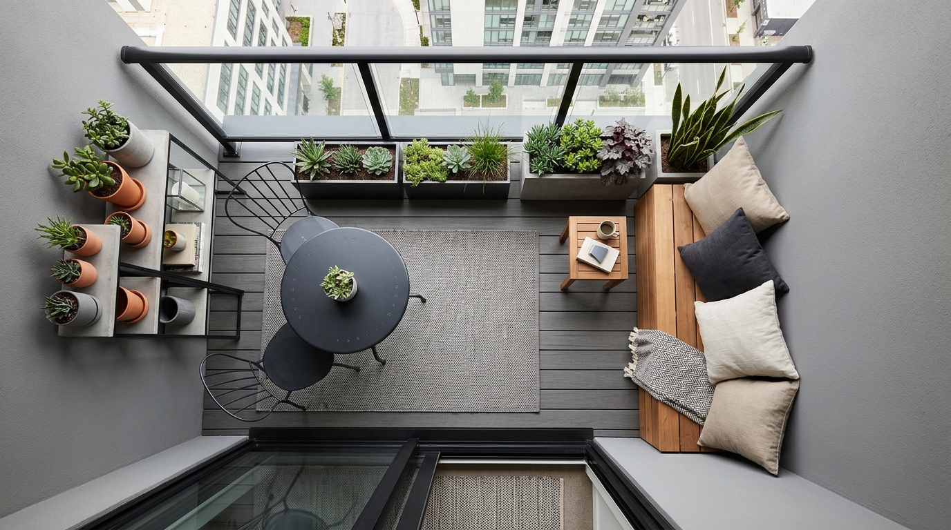 Top-down view of a 60-square-foot balcony organized with professional architectural precision and a retractable shade sail.