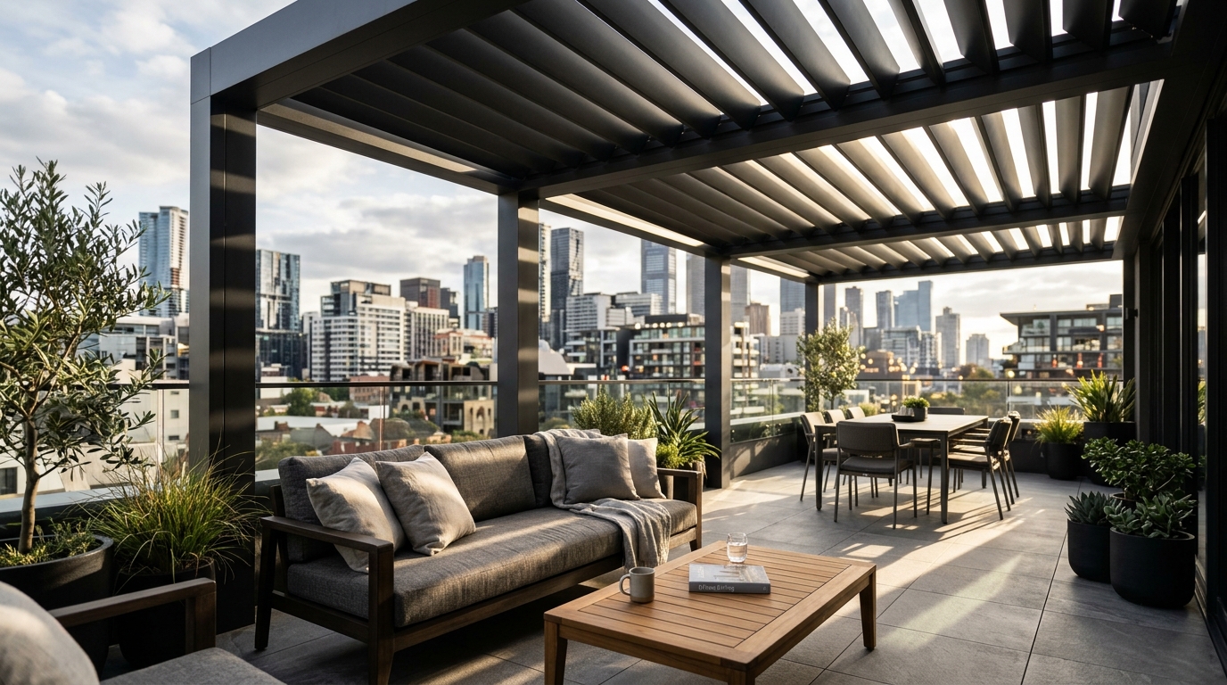 Urban balcony design featuring a matte charcoal louvered roof system that allows for adjustable light and ventilation.