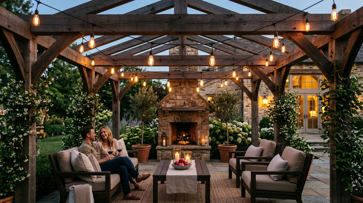 Cozy outdoor balcony string lights draped elegantly under a light-colored wood beam structure on a bohemian-modern terrace.