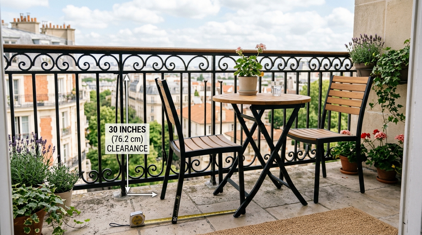 A small balcony seating area with 30-inch dining chair clearance and a wall-mounted folding table under a glass cover.