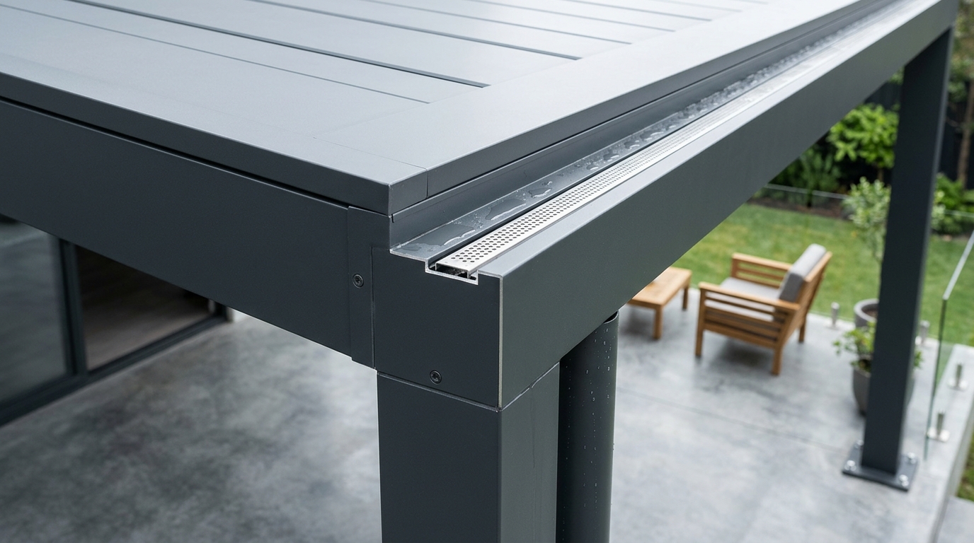 Architectural detail of a hidden gutter system integrated into a slim-profile aluminum patio cover frame.
