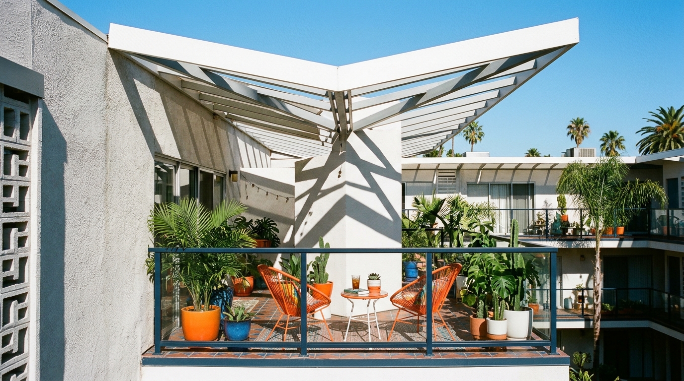 Mid-century modern balcony inspiration with a classic orange butterfly chair and a cantilevered white steel shade.
