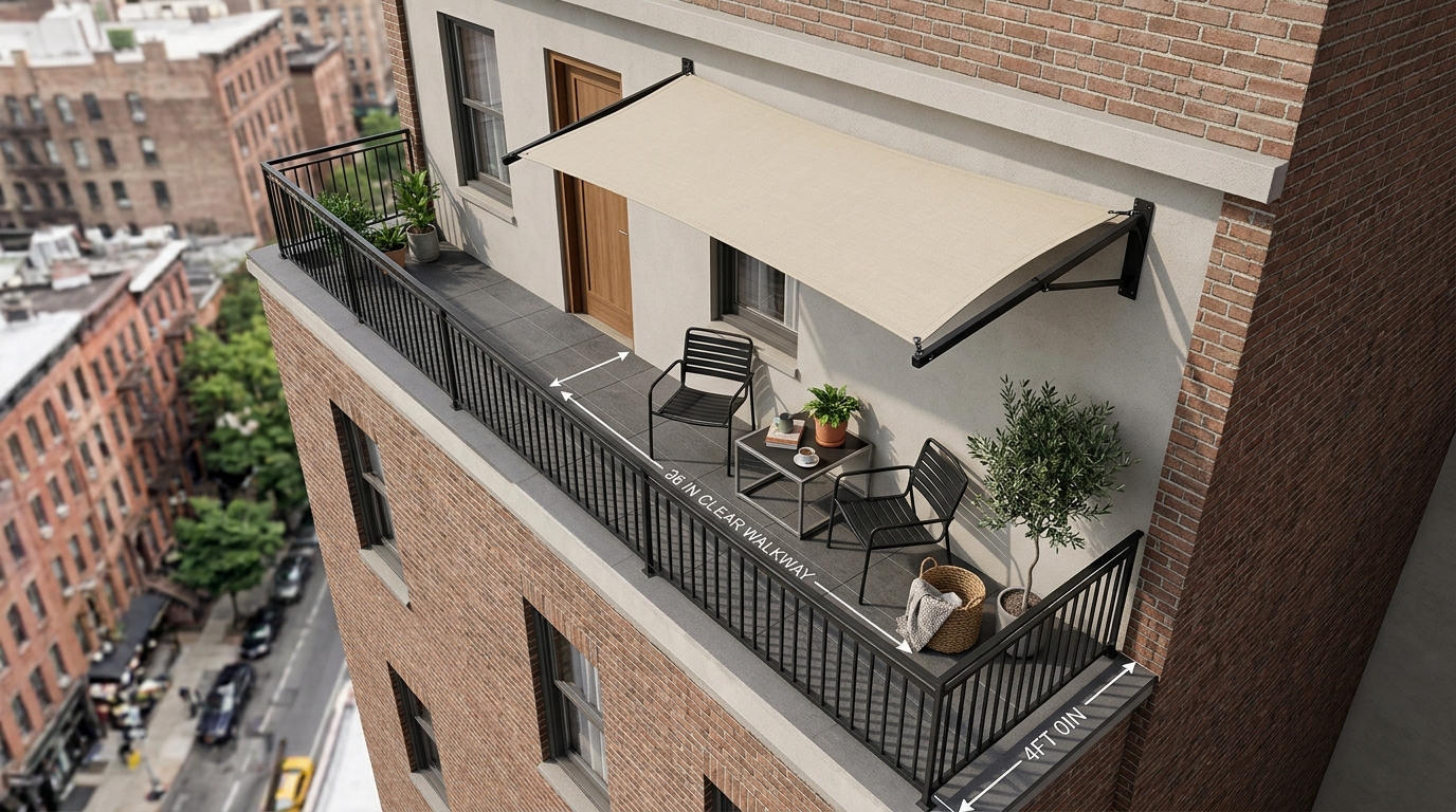 Detailed spatial layout of a narrow balcony showing 36-inch walkway clearances and a wall-mounted shade structure for optimized urban flow.