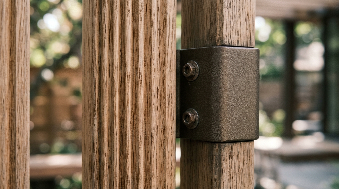 Close-up of tactile materials including fluted white oak slats and matte black aluminum hardware on a contemporary patio cover solution.