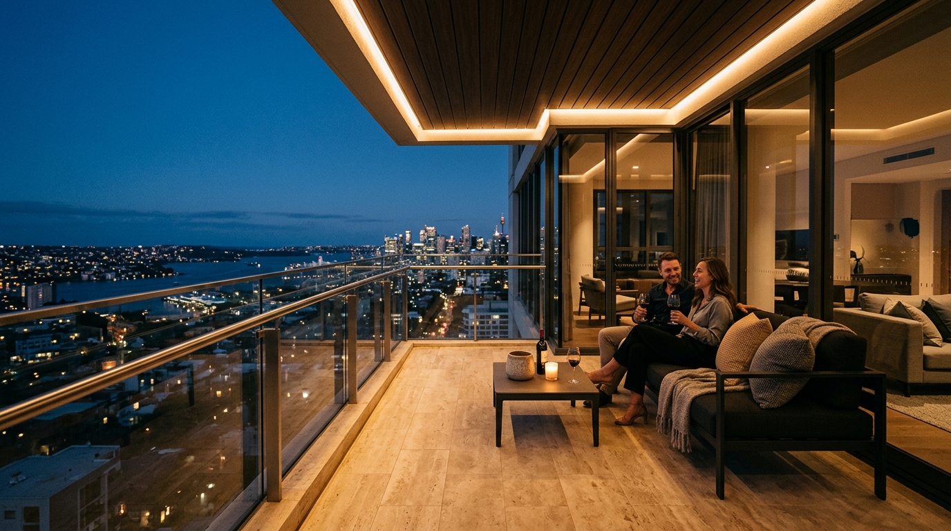 Atmospheric evening shot of a small balcony with 2700K warm LED lighting integrated into a retractable modern shade structure.