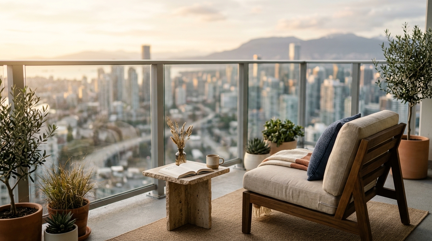 High-angle architectural shot demonstrating ergonomic furniture placement with an 18-inch reach to a travertine coffee table on a compact balcony.
