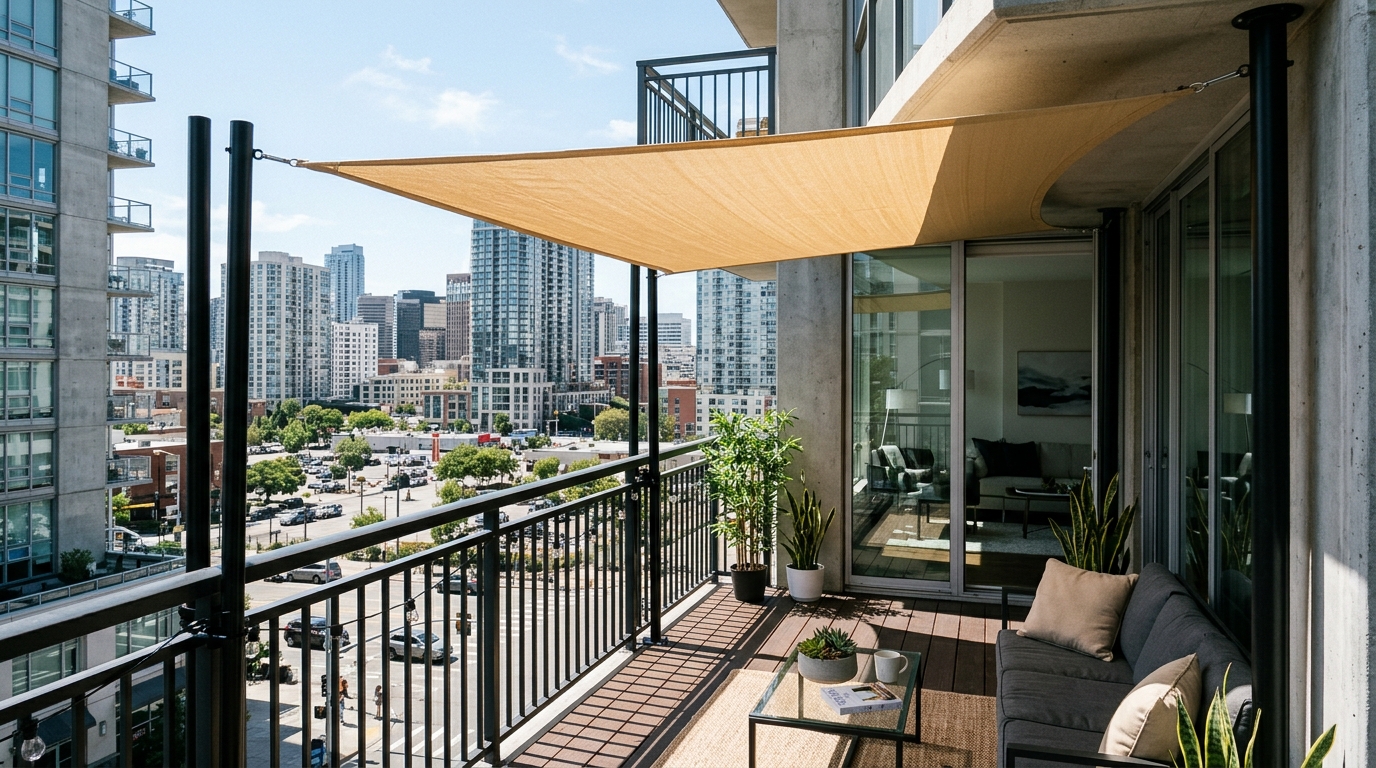 A no-drill patio cover system for renters using tension-mounted black poles and a neutral canvas awning on a high-rise balcony.