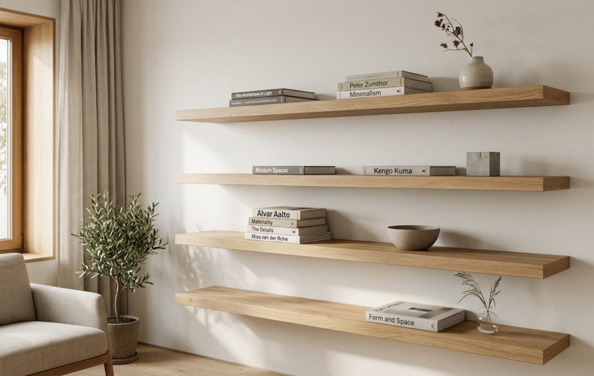 custom floating shelves crafted from rift-sawn white oak with integrated warm LED task lighting and a minimalist bracket-free profile.