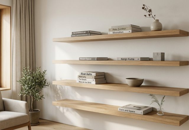 custom floating shelves crafted from rift-sawn white oak with integrated warm LED task lighting and a minimalist bracket-free profile.
