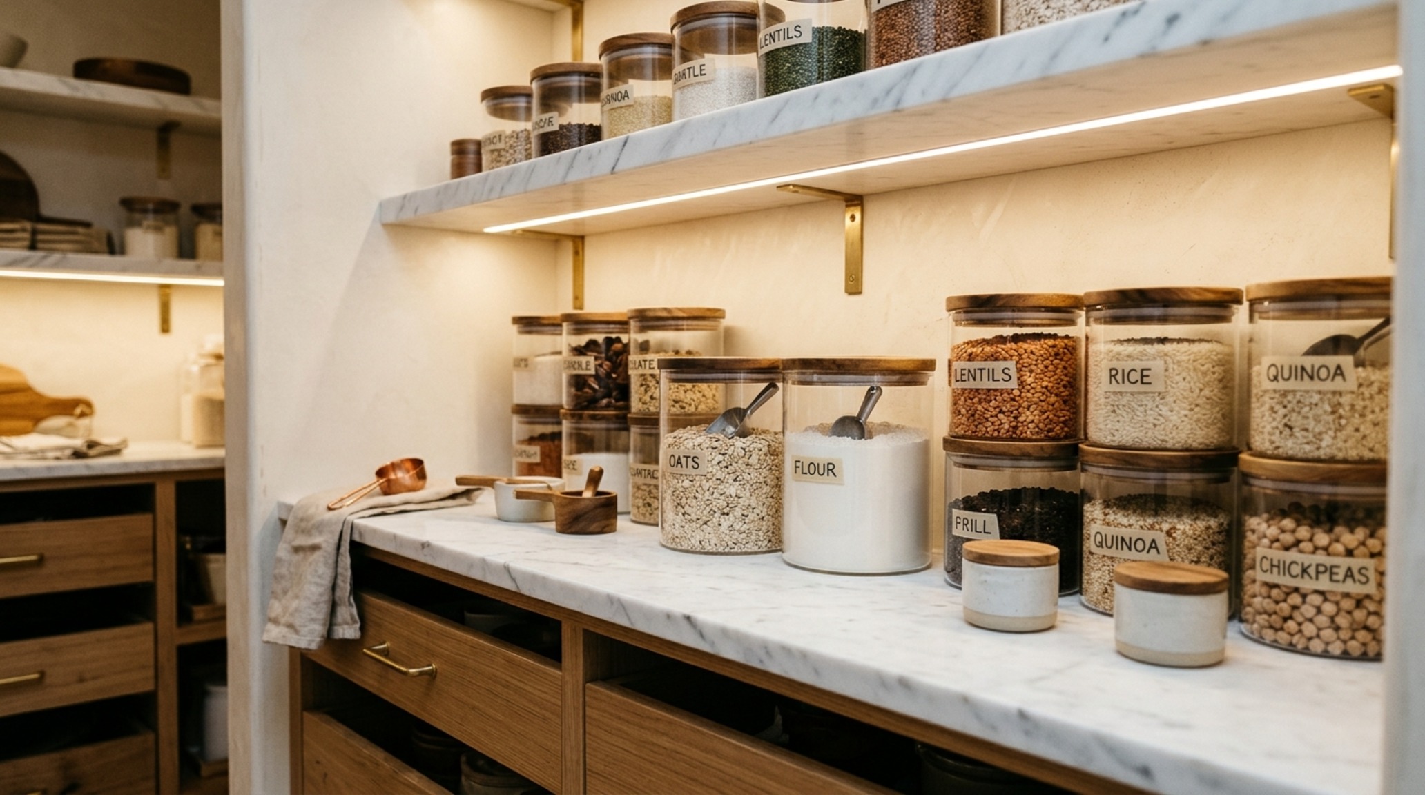 pantry shelving ergonomics featuring 12-inch deep white marble tiers, organized artisanal glass canisters, and 2700K recessed lighting. pantry shelving ergonomics featuring 12-inch deep white marble tiers, organized artisanal glass canisters, and 2700K recessed lighting.