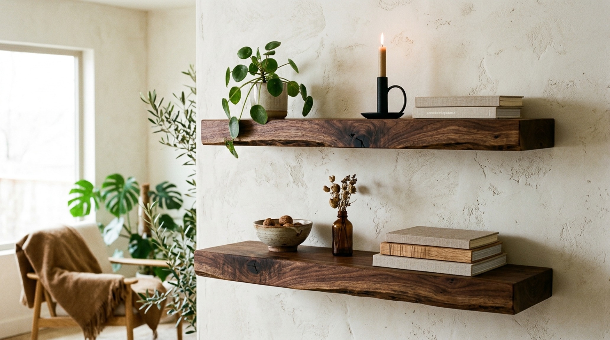 live edge timber shelving made of reclaimed walnut mounted on a matte plaster wall, highlighting natural wood grain and organic texture. live edge timber shelving made of reclaimed walnut mounted on a matte plaster wall, highlighting natural wood grain and organic texture.