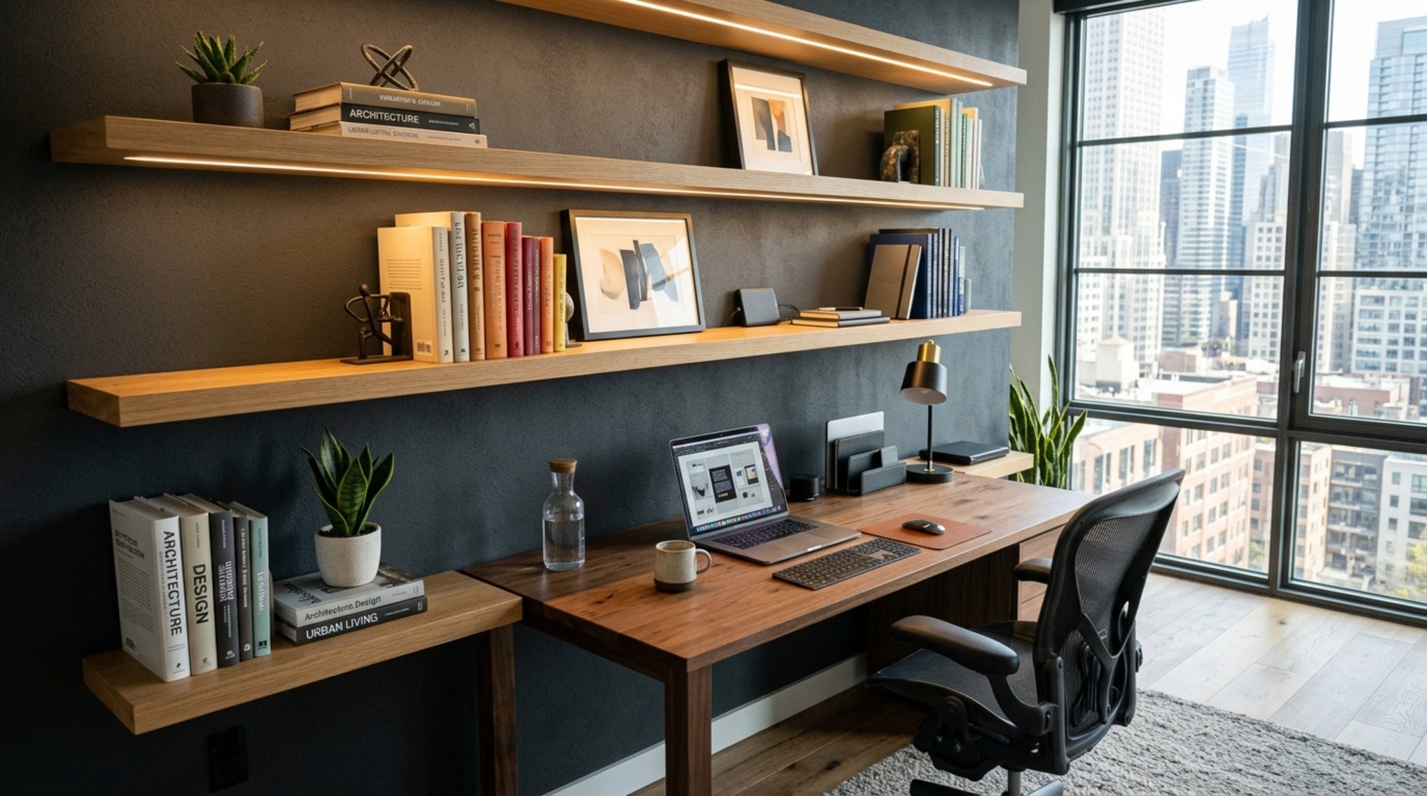 custom floating shelves in a home office configuration with a deep integrated desk surface and clean sightline alignment. custom floating shelves in a home office configuration with a deep integrated desk surface and clean sightline alignment.