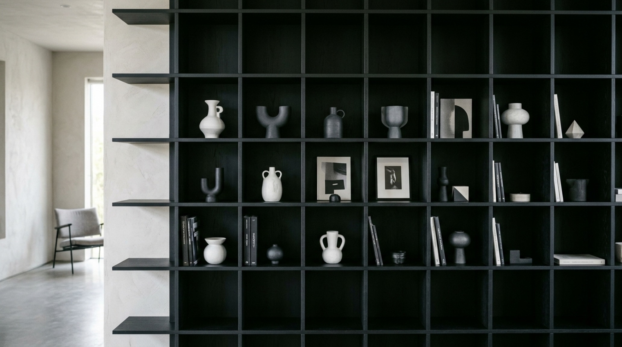bespoke bookshelf construction with a rhythmic grid pattern and integrated display nooks for a modern architectural library. bespoke bookshelf construction with a rhythmic grid pattern and integrated display nooks for a modern architectural library.