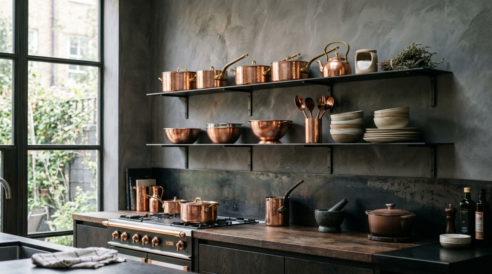 wall-mounted storage solutions for a minimalist kitchen, featuring thin blackened steel shelves and magnetic knife strips. wall-mounted storage solutions for a minimalist kitchen, featuring thin blackened steel shelves and magnetic knife strips.