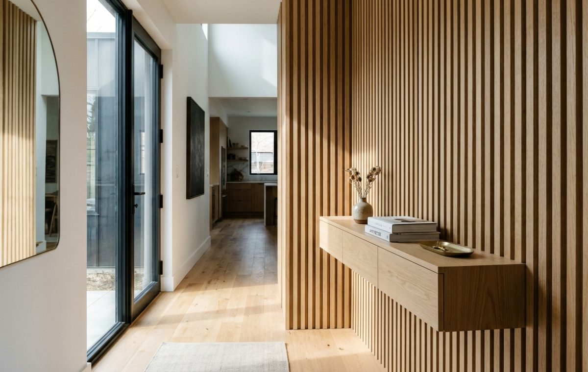 A narrow entryway featuring a floating white oak console and vertical wood slats, showcasing modern narrow entryway ideas with 36-inch clearance.