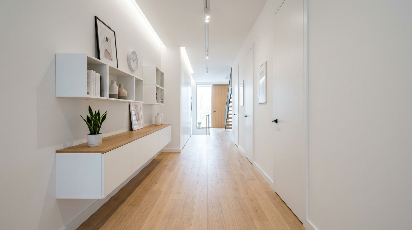 The 36-inch clearance rule applied in a narrow apartment entryway with wall-mounted storage and no floor clutter.