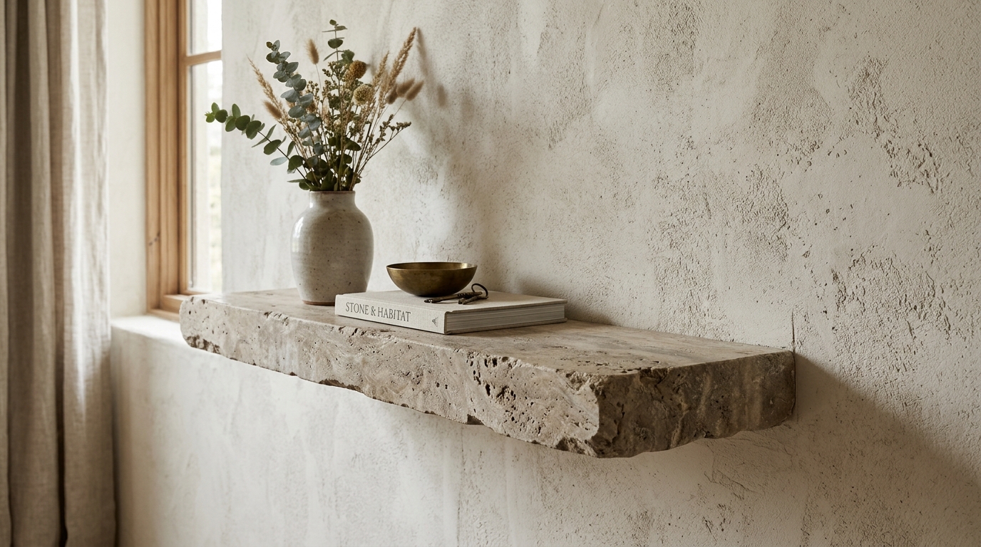 Architectural detail of French cleat mounting for a heavy stone floating console in a high-end hallway design.