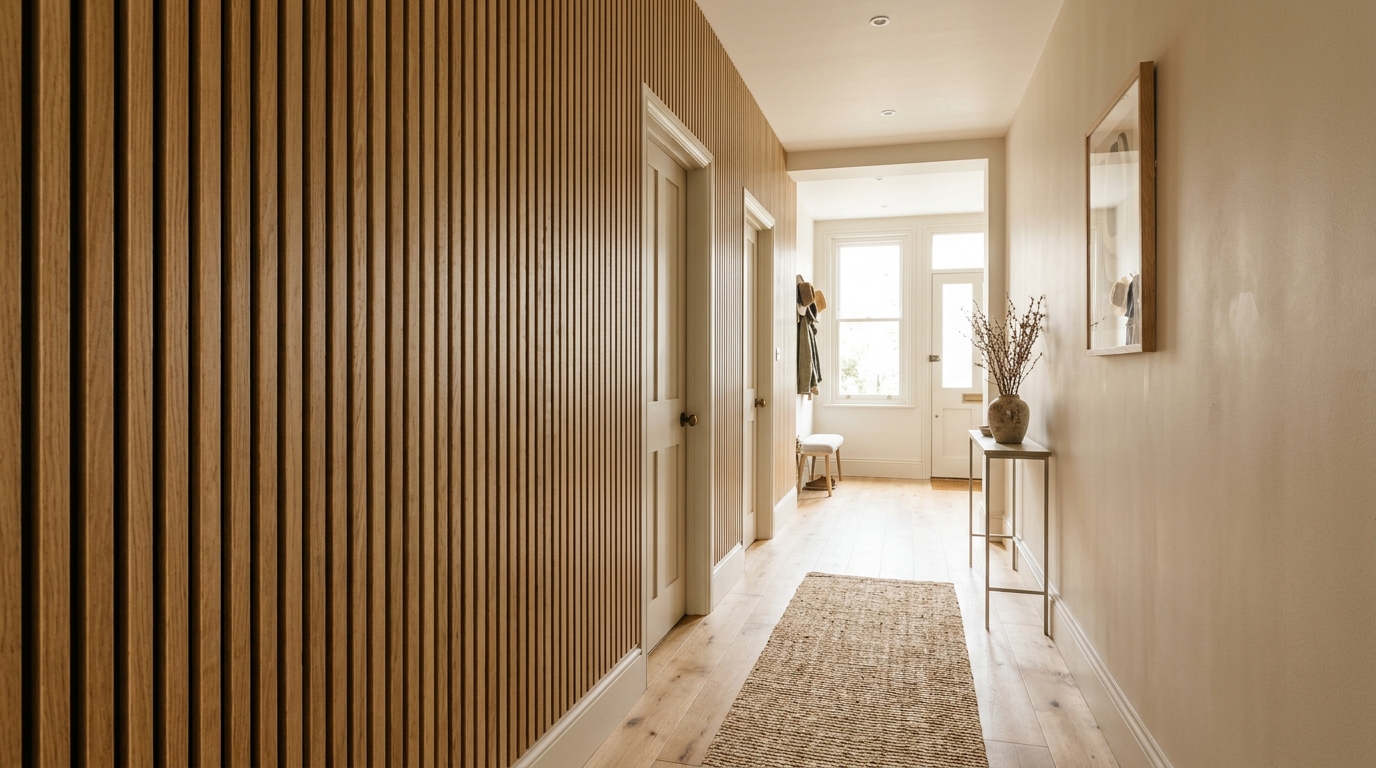 Soft Farrow and Ball Ammonite paint on hallway walls, enhancing the natural light and vertical wood elements.