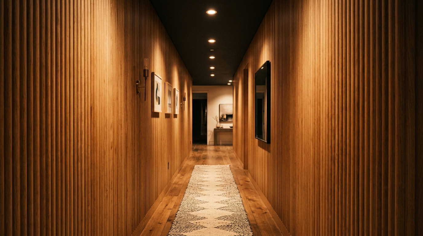 High CRI 90 plus lighting highlighting the texture of a fluted wood entryway panel and stone surfaces.