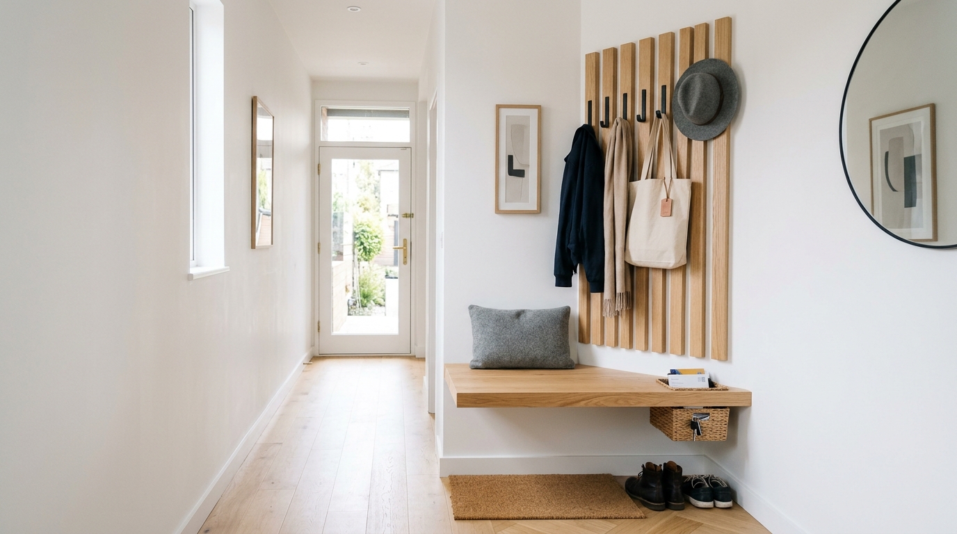Modern entryway storage solution with a floating bench and upper shelf, keeping the floor space completely clear.