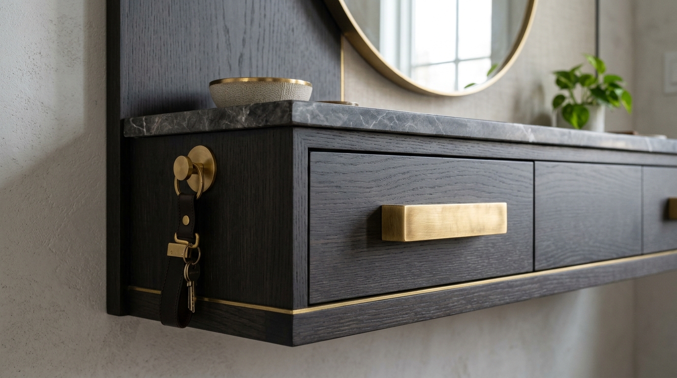 Tactile contrast between brushed brass hardware and a matte charcoal floating console in a narrow foyer.