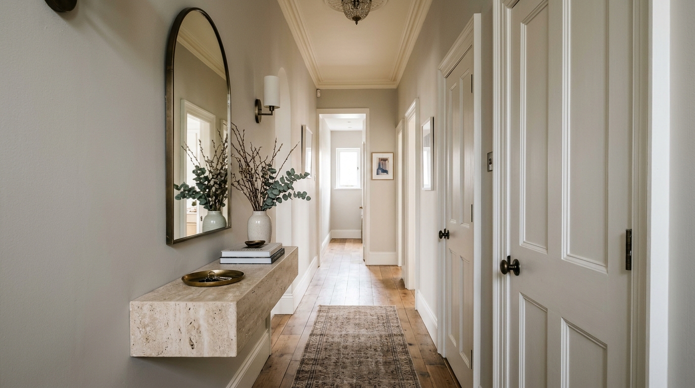 Architectural view of a slim profile hallway console in a narrow passage, highlighting floor-to-ceiling sightlines and floating furniture.