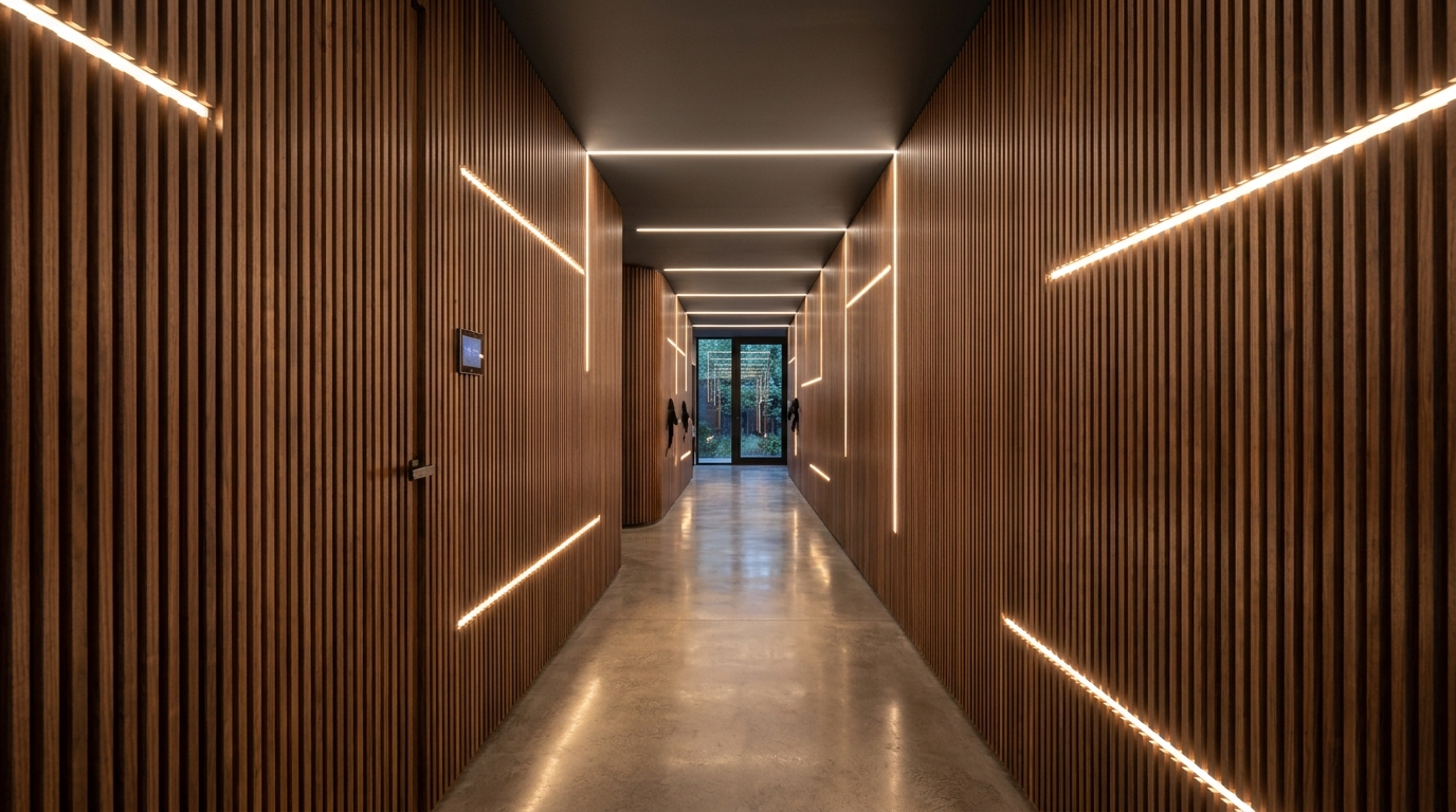 Visualizing spatial cadence with repeated vertical wood slats and integrated warm LED strip lighting.