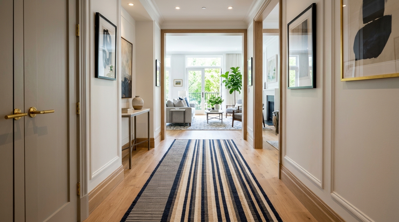 A narrow hallway runner rug with a linear pattern that complements the vertical geometry of the wall panels.