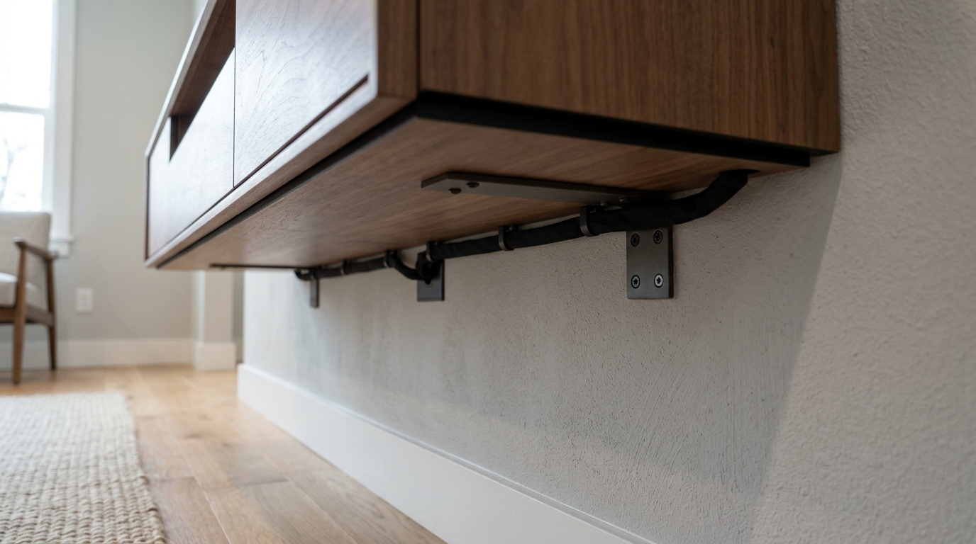 Floating console engineering detail showing hidden support brackets and a slim 10-inch profile.