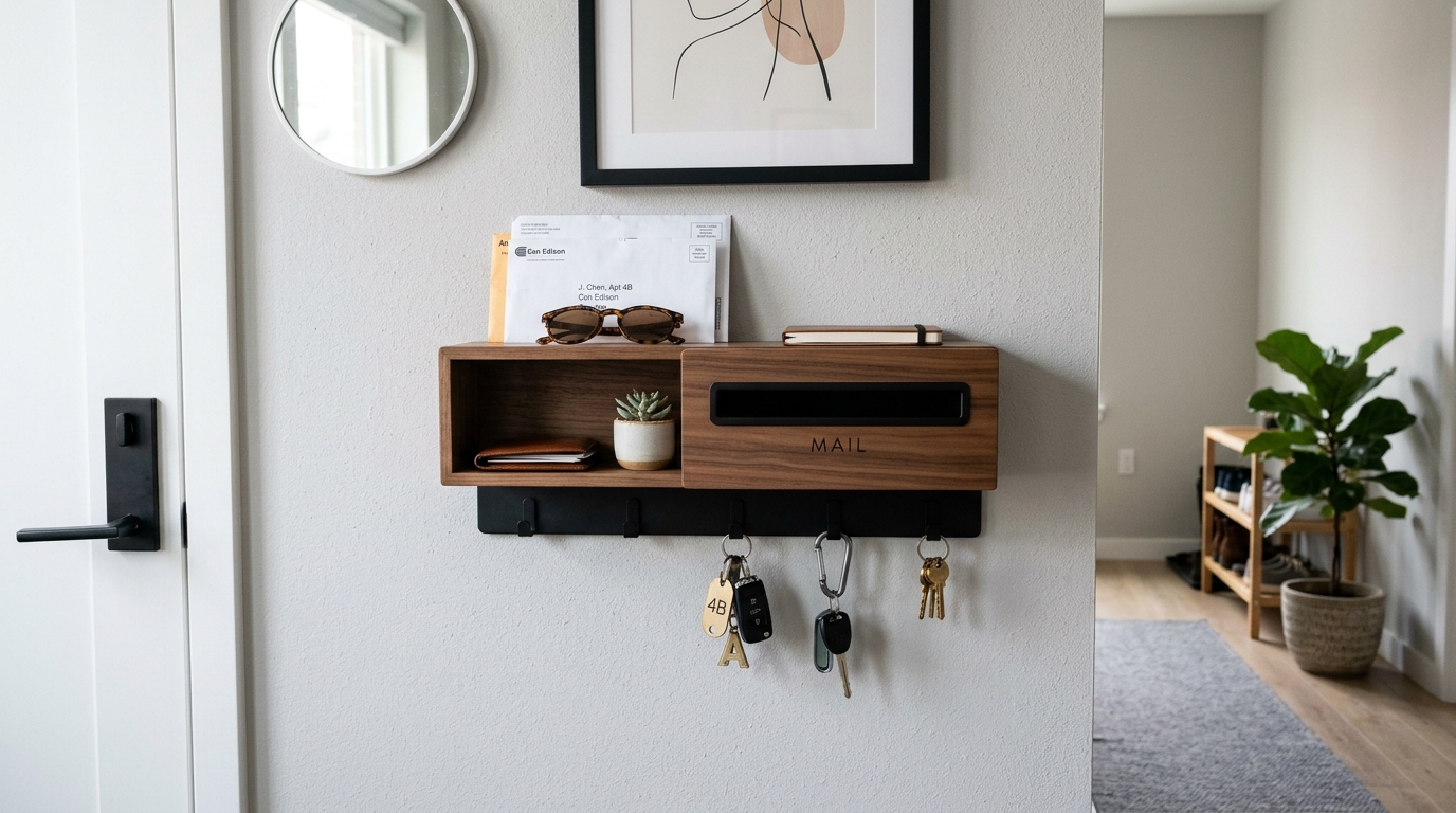 Modern hallway drop zone with a minimalist wall-mounted tray for keys and a discreet charging station.