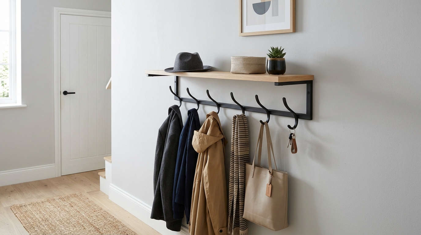 A wall mounted coat rack with a shelf above, styled with minimalist objects and books in a small foyer.