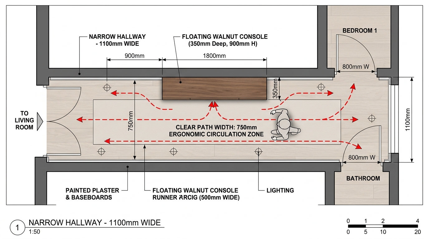 Top-down view of a narrow hallway showing the clear 36-inch walking path maintained by floating furniture.