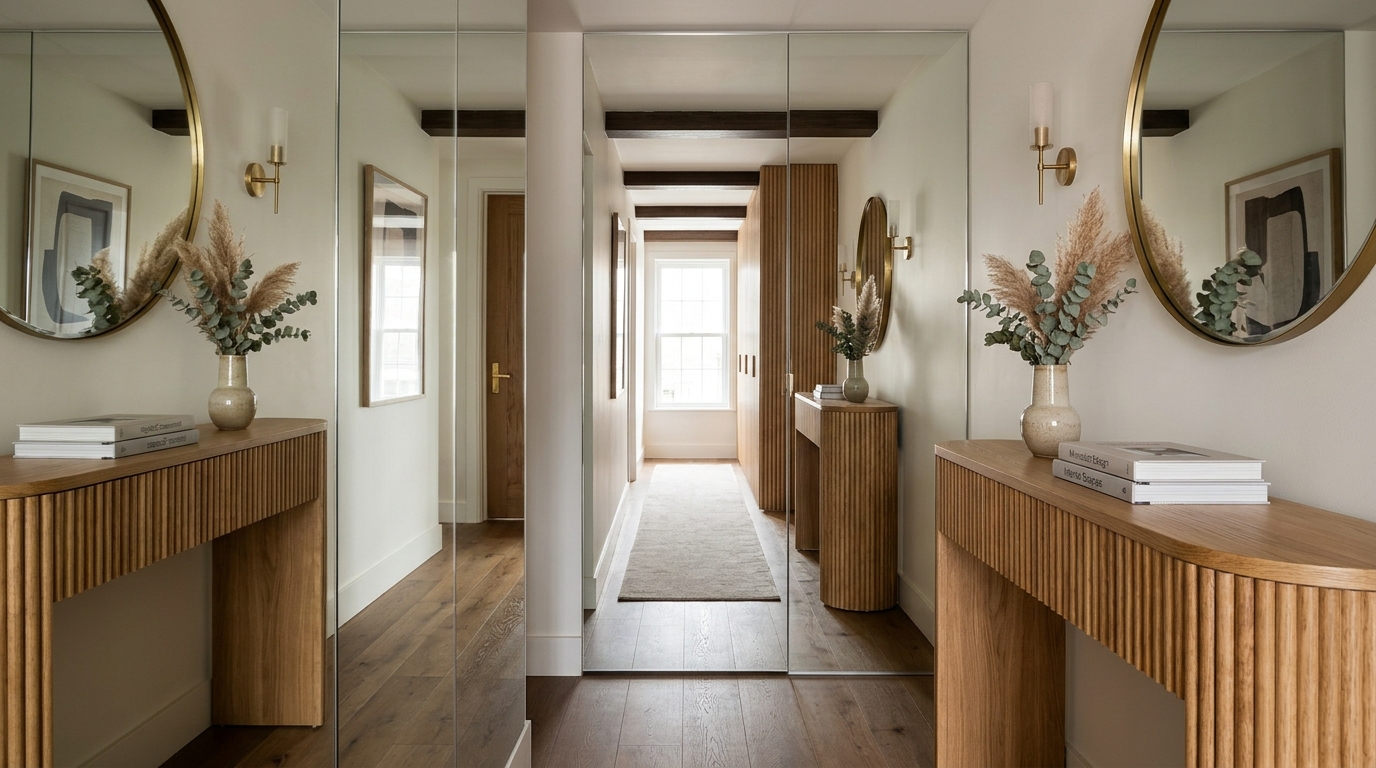 Integration of a slim profile console table with a full-height mirror to erase the visual boundary of a wall.