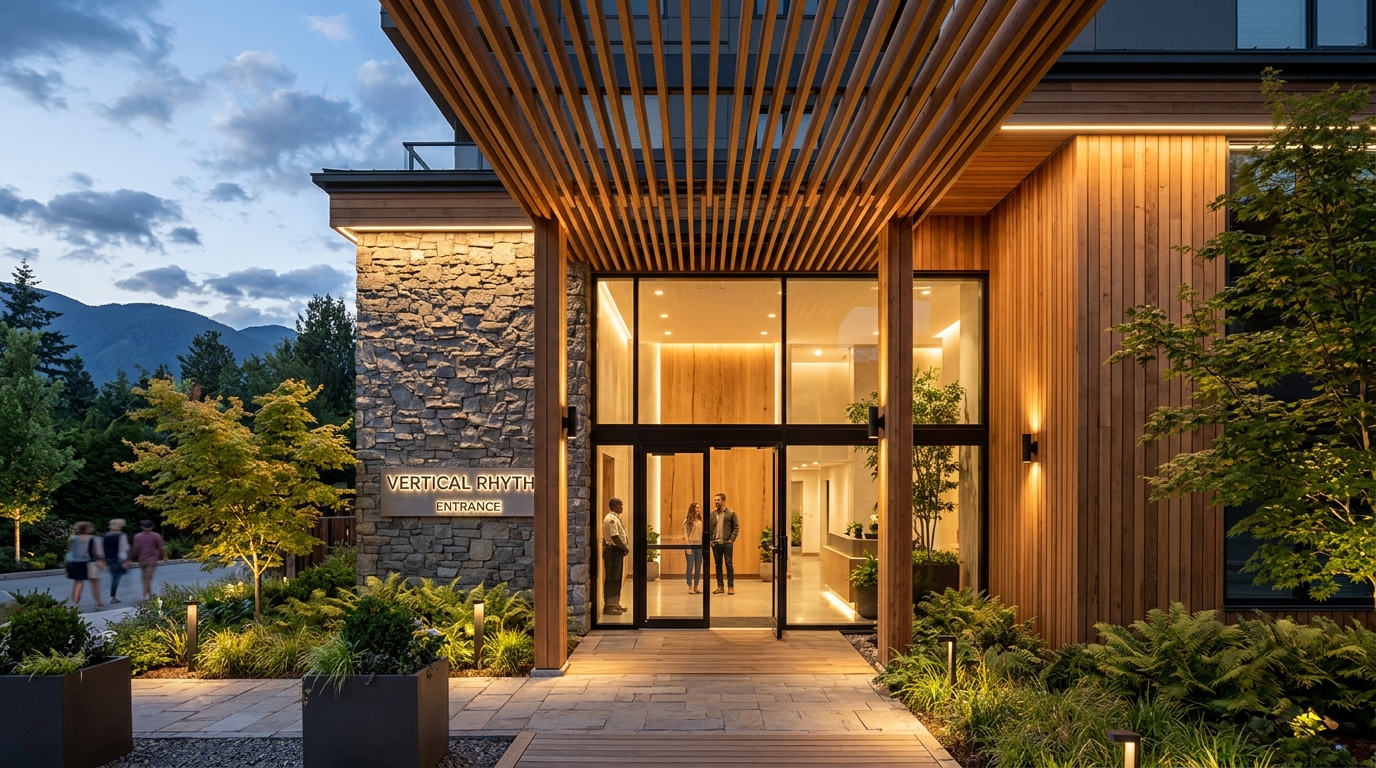 Final architectural perspective of a curated entryway showing the balance of wood, stone, and light.