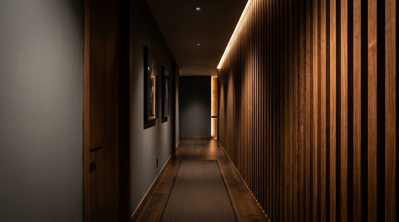 Warm 2700K ambient lighting illuminating a narrow hallway with a wall-mounted mirror and slim console, creating a spacious atmosphere.