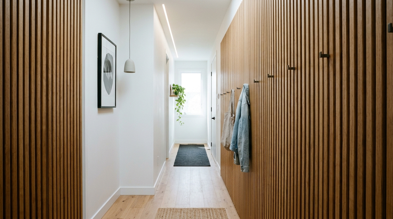 Minimalist hallway with fluted oak wall panels and hidden integrated coat hooks for streamlined entryway storage.