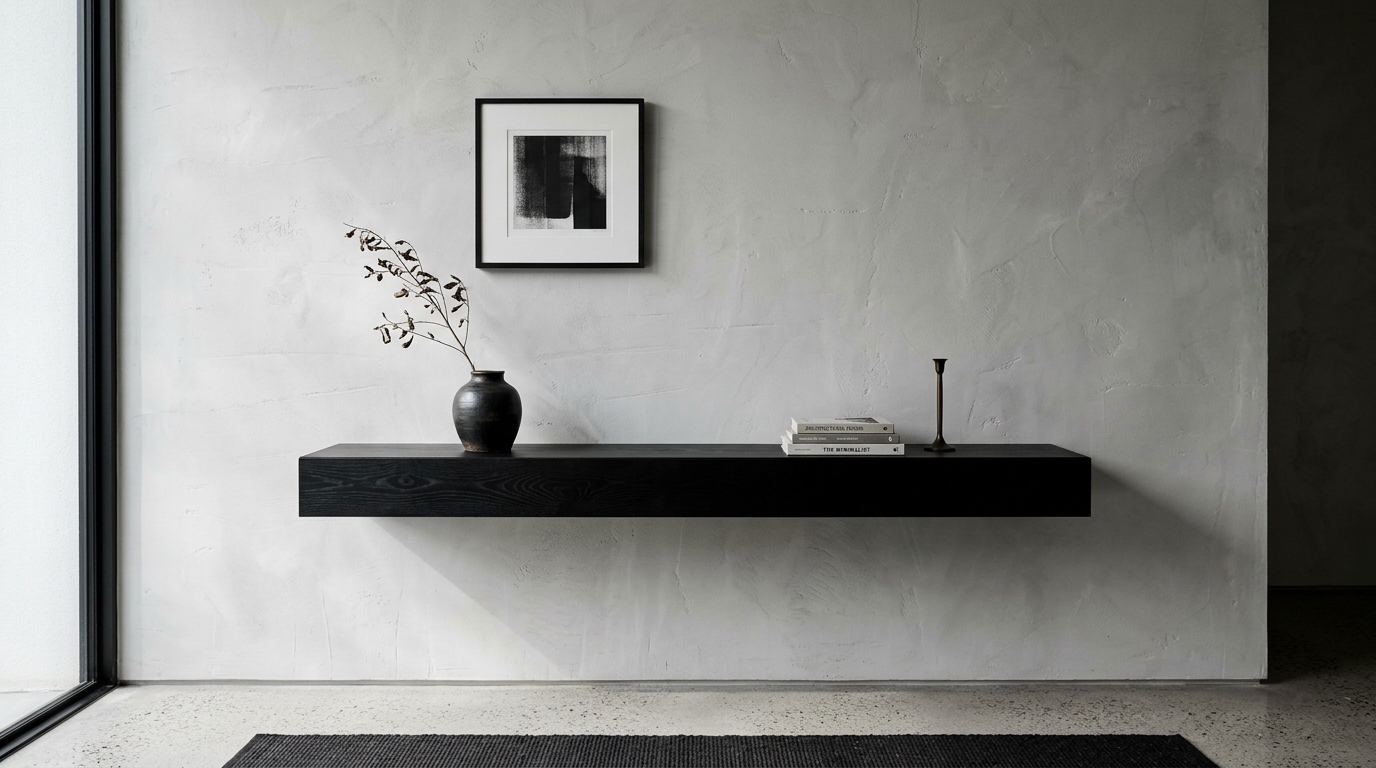 Modern hallway drop zone featuring a slim profile console table in black oak against a soft grey limewash wall.